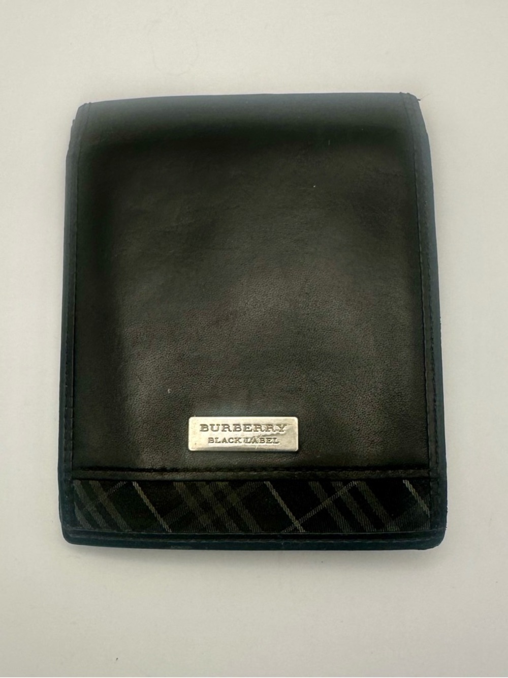 Burberry Black Leather Wallet Bifold Plaid Check Folding Card Coin Black Label